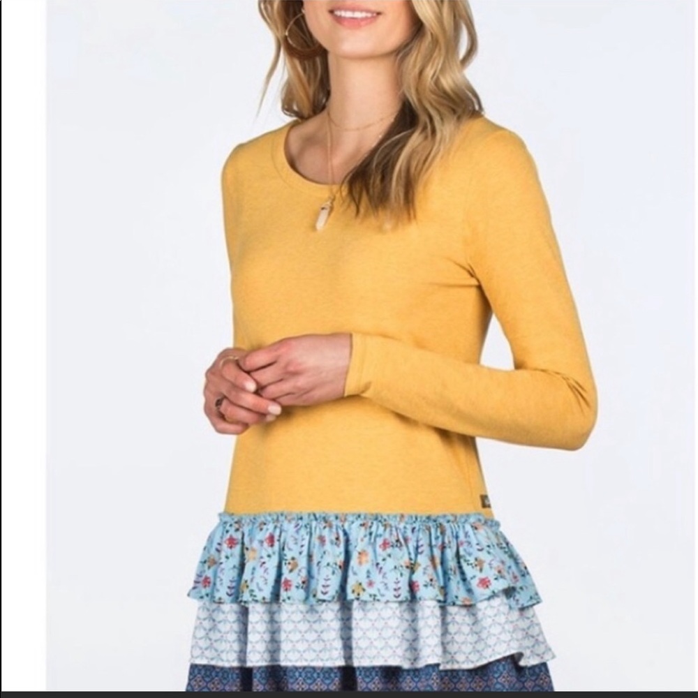 Matilda Jane gently used mustard-colored top with fun ruffles. Size large.